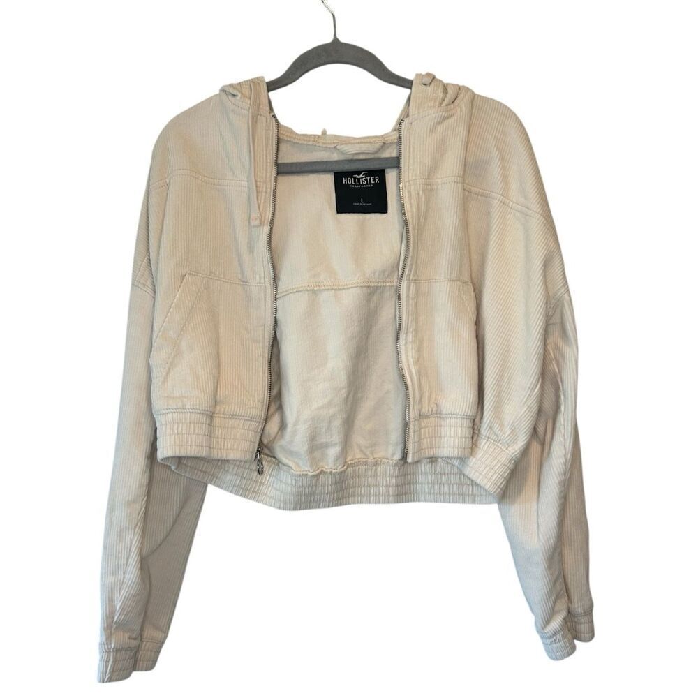 Hollister Woman's Corduroy Long Sleeve Zipper Tie Up Cream Color Hoodie Size Lar